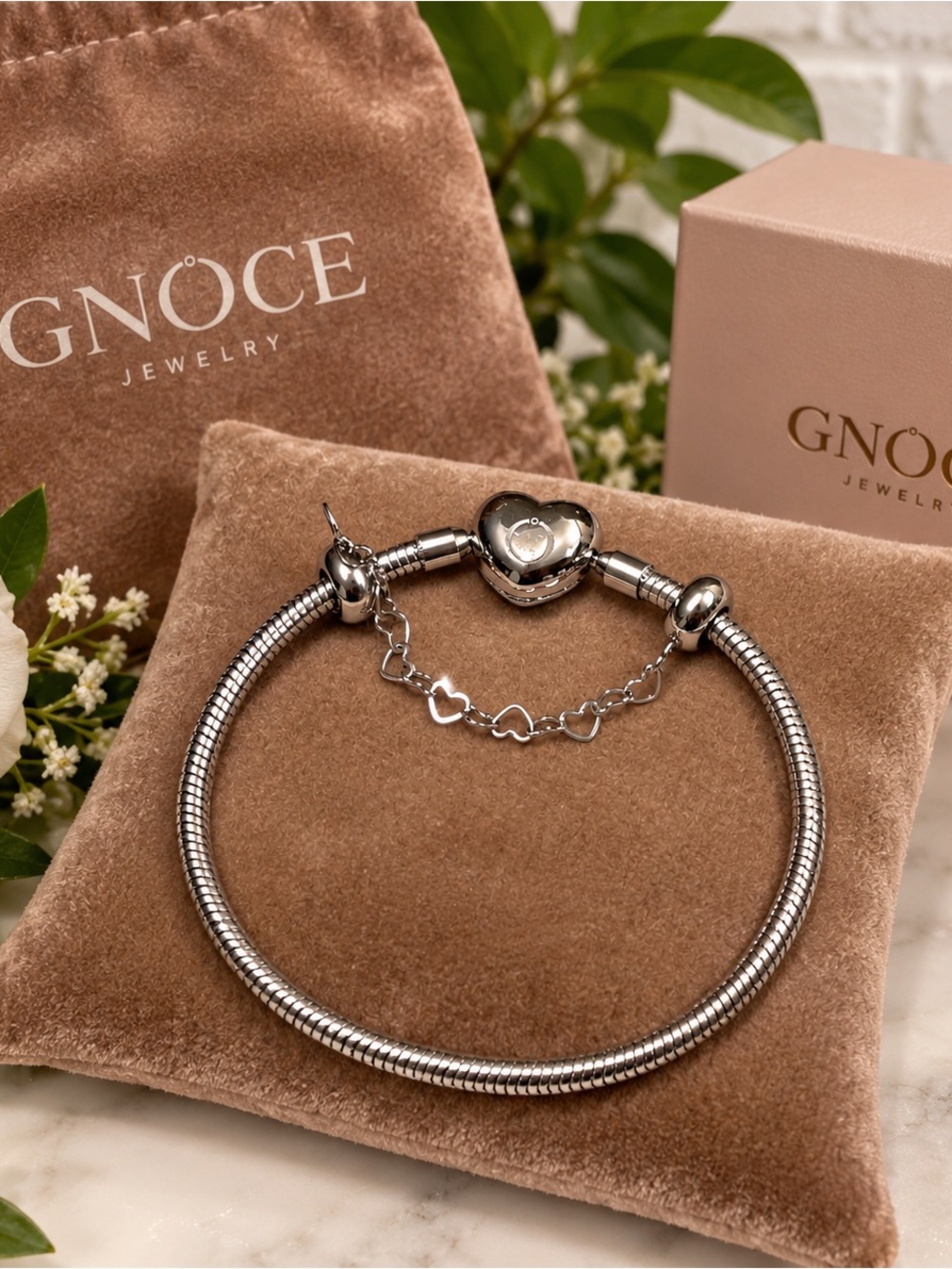Gnoce Sterling-Style Heart Safety Chain Bracelet in Silver